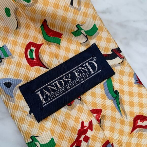 Lands End Long Silk Yellow White Checker Neck Tie - Picture 2 of 5